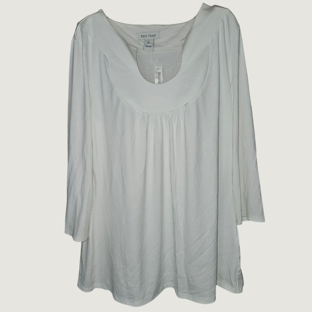 WHBM White Three Quarter Sleeve Scoop Neck Pleated Blouse Top XL Summer NEW